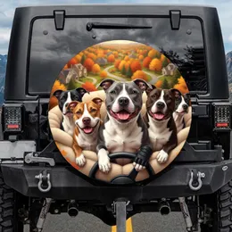 Five Cheerful Pitbull Dogs Autumn Road Landscape - Pitbull Lover Gift for Drivers Spare Tire Cover