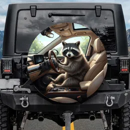 Fluffy Raccoon Driving Steering Wheel Car Cabin - Wildlife Road Trip Gift Spare Tire Cover