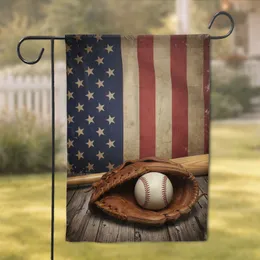 Vintage Baseball Glove Bat Ball Distressed American Flag Patriotic Home Decor for Sports Fans Garden Flag