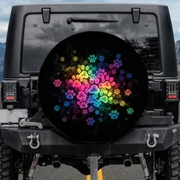 Glowing Rainbow Paw Prints Black - Pet Lover Gift for Dog Cat Owners Spare Tire Cover