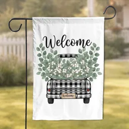 Vintage Black White Buffalo Check Pickup Truck Eucalyptus Welcome - Farmhouse Home Decor Gift Garden Flag