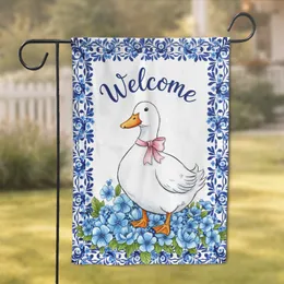 White Duck Pink Bow Welcome Blue Flowers - Spring Garden Housewarming Gift Garden Flag