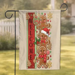 Gingerbread People Welcome Christmas Holly Santa Hat Lollipop Scarf Holiday Decor Garden Flag