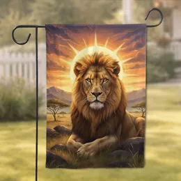 Majestic African Lion Radiant Sun Golden Savanna Dramatic Sunset Wildlife Lover Gift Garden Flag