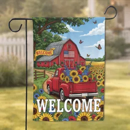 Welcome Vintage Red Pickup Truck Wildflowers Barn American Flag - Farmhouse Decor Gift Garden Flag