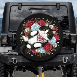 Charming Fluffy Black Cat Bandana Golden Eyes Crimson Blue Floral - Cat Lover Gift Spare Tire Cover