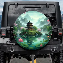 Asian Pagoda Emerald Lake Pink Lotus Lily Pad Waterfalls - Home Decor Gift Spare Tire Cover