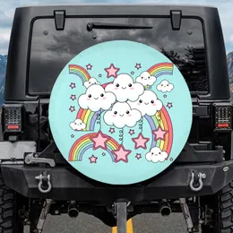 Floating Smiling Clouds Rainbow Arcs Pink Outline Stars - Everyday Car Decor Gift Spare Tire Cover
