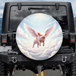Realistic Feathered Pink Angel Wing Baby Pig Soaring Clouds - Wildlife Lover Gift Spare Tire Cover