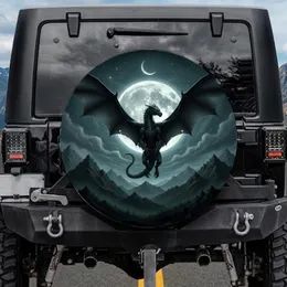Mythic Soaring Black Dragon Full Moon Night Sky Mountain Peaks - Fantasy Gift Spare Tire Cover