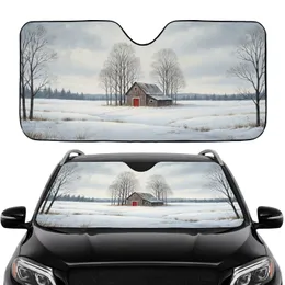 Isolated Rustic Barn Red Door Snowy Field - Winter Travel Road Trip Gift Car Sunshade