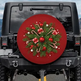 Festive Christmas Pine Boughs Candy Canes Ornaments Gift Boxes - Holiday Season Decor Spare Tire Cover