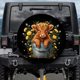 Baby Highland Cow Wildflower Bucket - Farmhouse Home Decor Gift for Cow Lover Spare Tire Cover