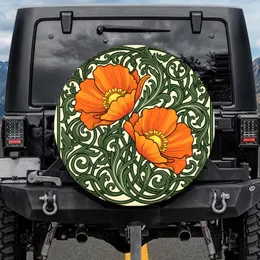 Orange Poppy Blossoms Green Leaves Botanical Tapestry - Home Decor Gift for Botanical Lover Spare Tire Cover
