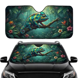 Iridescent Chameleon Perched Branch Tropical Jungle Exotic Flowers - Car Interior Upgrade Car Sunshade