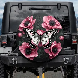 Black White Butterfly Pink Flowers Foliage - Wildlife Lover Auto Accessory Spare Tire Cover