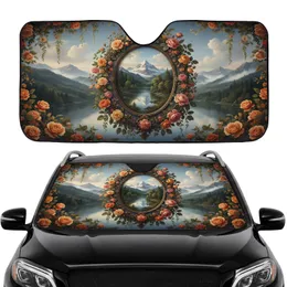 Majestic Snowy Mountain Lake Ornate Baroque Frame Roses Travel Essentials Car Sunshade