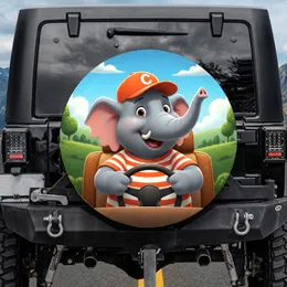 Cartoon Elephant Driving Steering Wheel Orange Cap - Travel Adventure Gift Spare Tire Cover