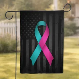 Teal Pink Awareness Ribbon Distressed American Flag Patriotic Strength Decor Garden Flag