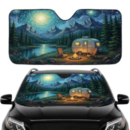 Vintage Travel Trailer Campfire Pine Forest Mountain Night Sky Road Trip Gift Car Sunshade