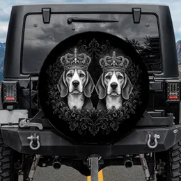 Black White Majestic Beagle Dogs Silver Crowns Filigree Damask - Dignified Dog Lover Car Accessory Spare Tire Cover