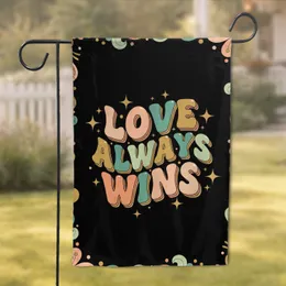Love Always Wins Message Golden Starbursts Black Background - Celebratory Home Decor Gift Garden Flag