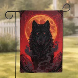 Black Wolf Red Eyes Forest Landscape Full Moon - Wildlife Lover Gift Garden Flag