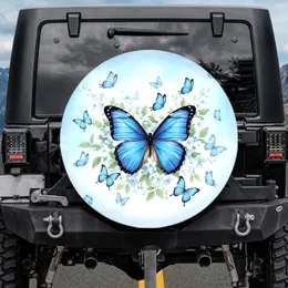 Blue Morpho Butterflies White Blossoms Foliage Sky - Nature Lover Gift Spare Tire Cover