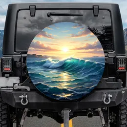 Glowing Teal Water Breaking Ocean Wave Sunlit Clouds Horizon - Outdoor Adventure Gift Spare Tire Cover
