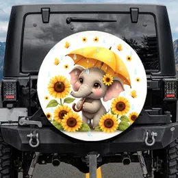 Baby Elephant Yellow Umbrella Sunflowers Raindrops - Elephant Lover Gift Spare Tire Cover
