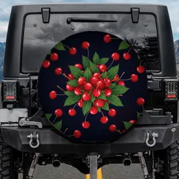 Ripe Red Cherries Green Leaves Brown Stems Midnight Blue - Cherry Lover Gift Spare Tire Cover