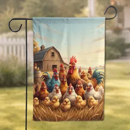 Rooster Hens Chicks Barn Golden Grass Farm Scene - Farmhouse Decor Gift for Chicken Lovers Garden Flag