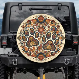 Boho Folk Art Animal Paw Prints Tribal Floral Decor - Home Decor Gift for Pet Lover Spare Tire Cover
