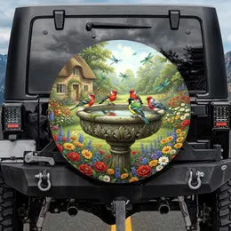 Antique Stone Birdbath Songbirds Dragonflies Lush Garden - Garden Lover Gift Spare Tire Cover