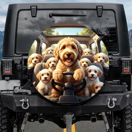 Golden Goldendoodle Poodle Puppies Car Scene Natural Landscape - Adventure Travel Gift Spare Tire Cover
