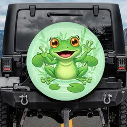 Waving Cartoon Frog Orange Eyes Pink Tongue Lily Pads Aquatic Garden - Nature Wildlife Gift Spare Tire Cover