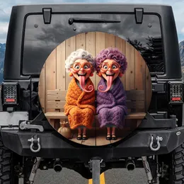 Elderly Women Pink Tongues Wooden Bench - Funny Car Accessory Spare Tire Cover
