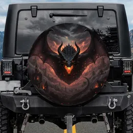Menacing Black Dragon Horned Head Gothic Ruins - Dark Fantasy Lover Gift Spare Tire Cover