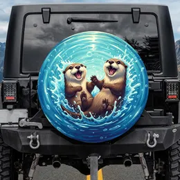 Playful Vocal Otters Interacting Effervescent Blue Water - Aquatic Wildlife Lover Gift Spare Tire Cover