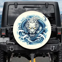 White Chinese Imperial Dragon Head Dark Blue Body Swirling Water Waves - Asian Culture Gift Spare Tire Cover