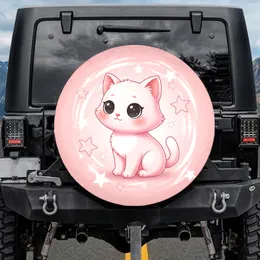 Pink Cartoon Cat Large Eyes Cheeks Stars - Vehicle Decor Cat Lover Gift Spare Tire Cover