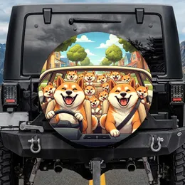 Shiba Inu Dogs With Smiles Car Ride Suburban Scene - Dog Lover Travel Gift Spare Tire Cover