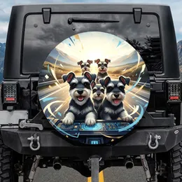 Four Realistic Miniature Schnauzers Driving Open Road - Adventure Enthusiast Gift for Dog Lovers Spare Tire Cover