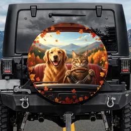 Golden Retriever Tabby Cat Vintage Car Interior Autumn Mountain Scene - Pet Lover Gift Spare Tire Cover