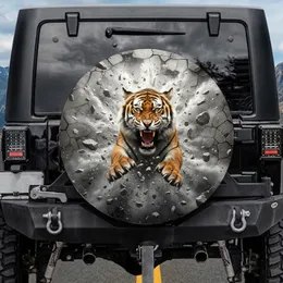 Roaring Bengal Tiger Bared Fangs Golden Eyes Shattered Stone Structure - Wildlife Lover Gift Spare Tire Cover