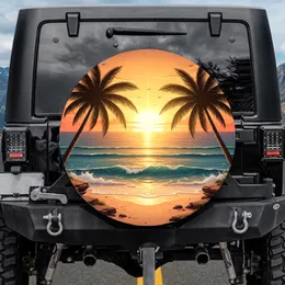 Setting Sun Palm Trees Ocean Beach - Tropical Travel Essentials for Beach Lovers Spare Tire Cover