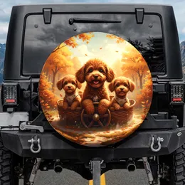Fluffy Brown Poodle Dogs Autumn Landscape - Adventure Travel Gift for Dog Owners Spare Tire Cover