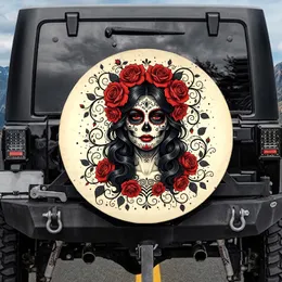 Day of the Dead Calavera Sugar Skull Female Red Rose - Dia de los Muertos Celebration Spare Tire Cover