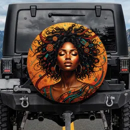 African American Woman Curly Hair Gold Hoops - Personal Expression Gift Spare Tire Cover