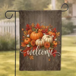 Welcome Pumpkins Gourds Autumn Foliage Rustic Wood - Farmhouse Fall Decor Garden Flag